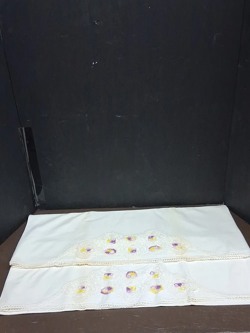 Vtg. Pillowcases Tatted purple & yellow flowers & white lace cottage core estate